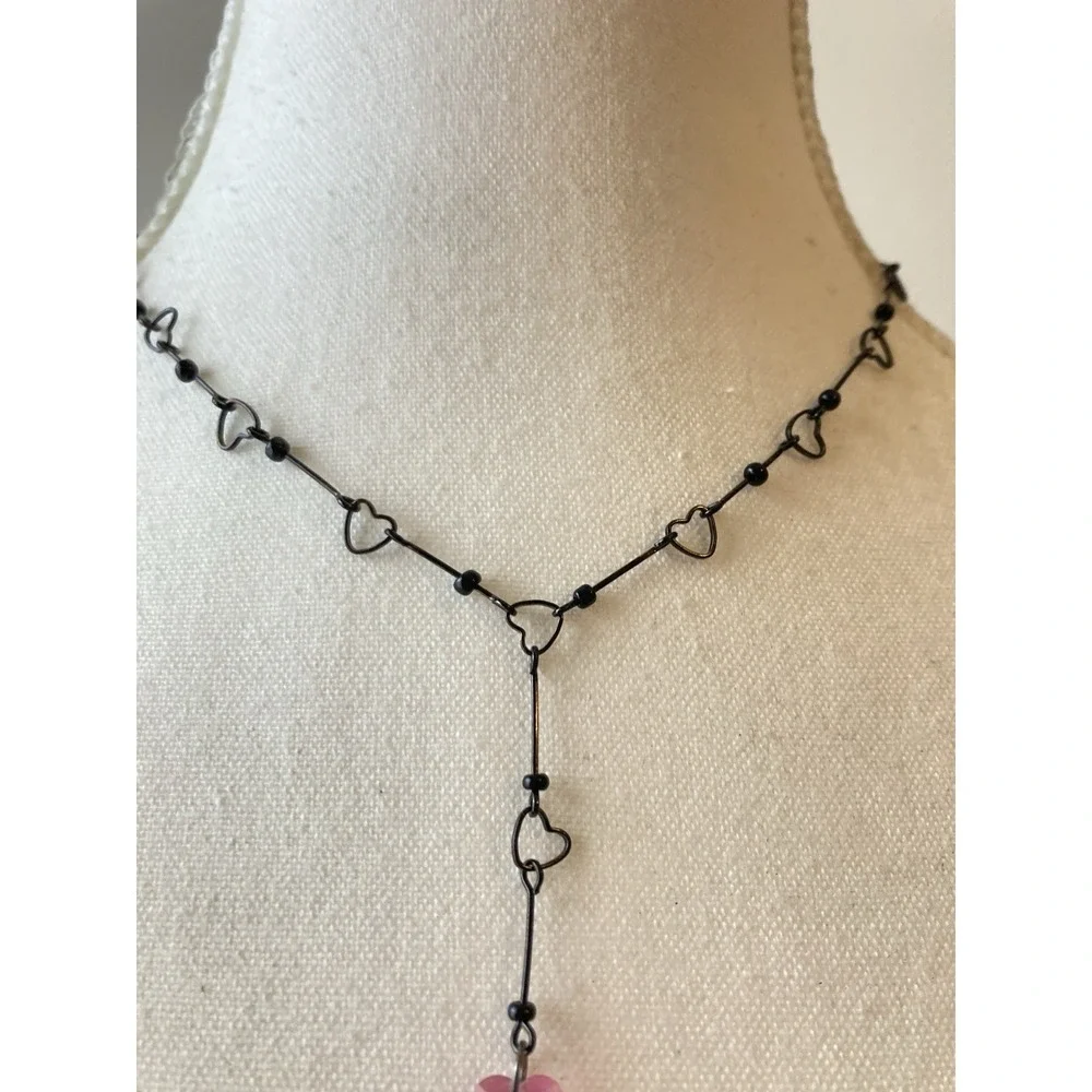 Black Wire Heart Choker Necklace Pink Faceted Heart Charm Y Drop Gothic‎ Dainty